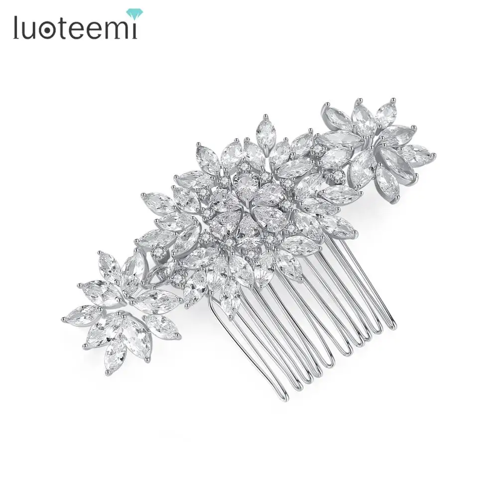 LUOTEEMI Gorgeous Flower Comb Hair Accessories Trendy Fashion Jewelry High Quality Clear Cubic Zircon Tiara for Brides Wedding | Украшения