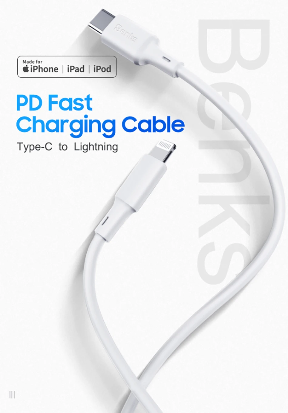 Benks MFi кабель PD USB C кабель для iPhone 11 Pro MAX X XR XS 8Plus type C для освещения телефона кабель для быстрой зарядки зарядное устройство адаптер