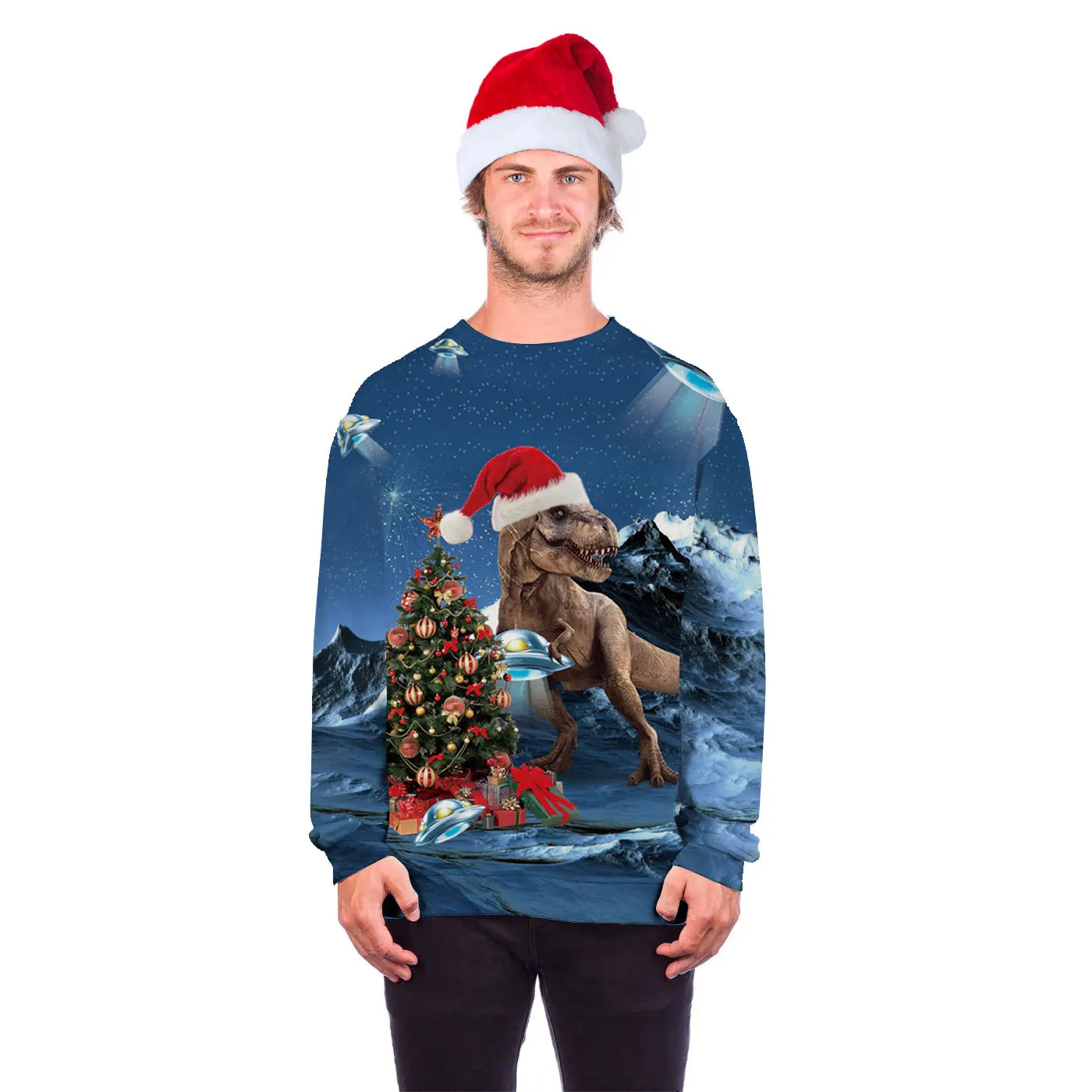 Рождественский свитер с 3D принтом динозавра для мужчин и женщин, одежда с круглым вырезом и длинными рукавами, топы, пуловеры, Свитера для праздников и вечеринок