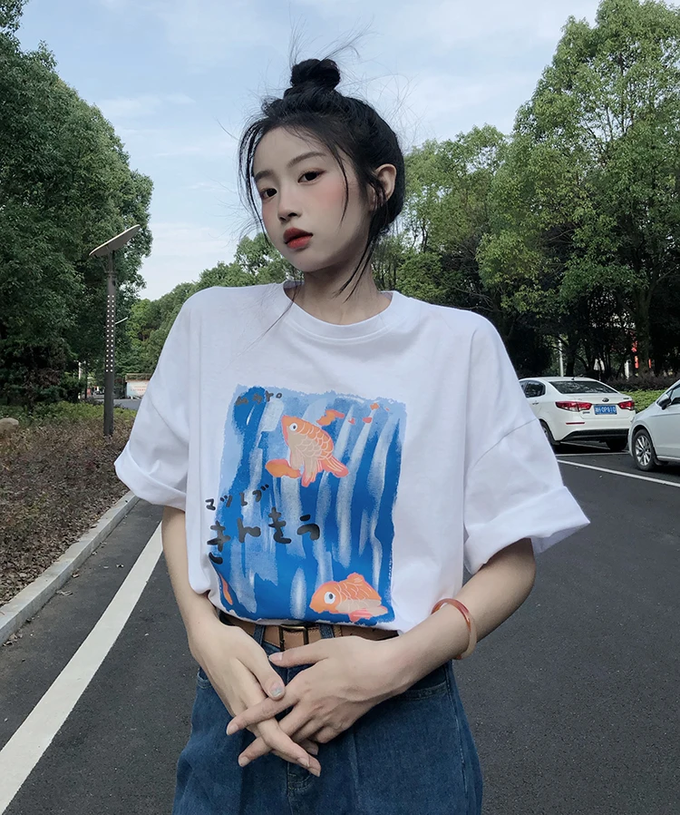 

Summer Korean of oil painting fish print short-sleeved o neck T-shirt women