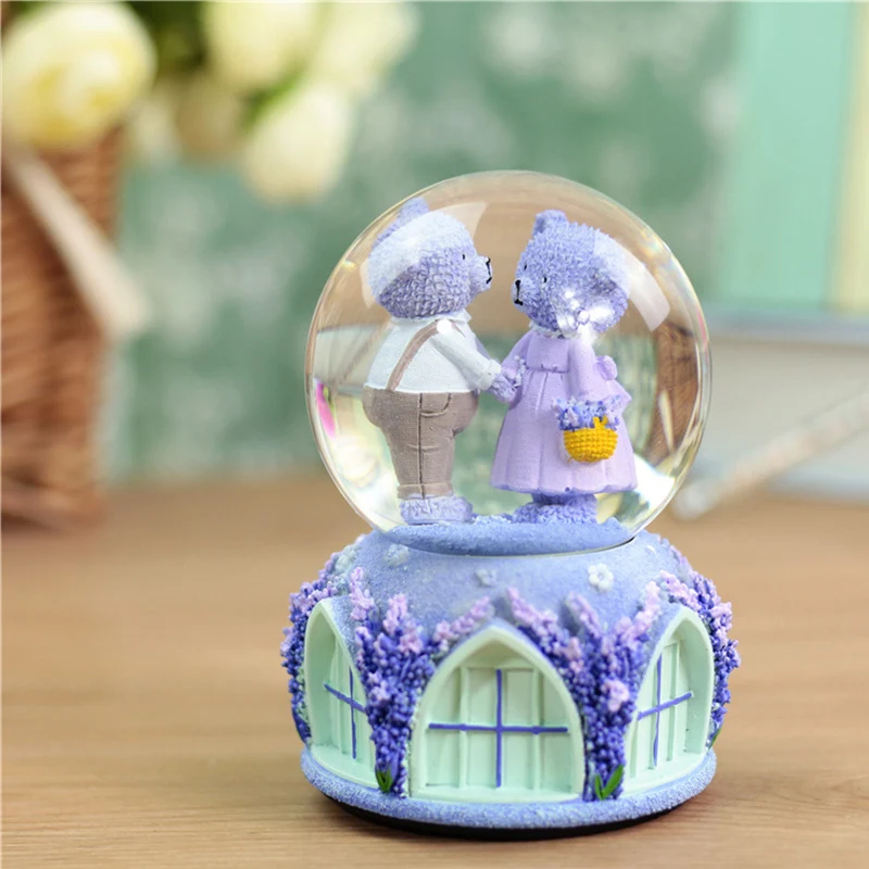 Creative Lavender Bear Snow Globe Crystal Ball Rotating Music Box Christmas Decoration For Home Home Decoration Accssories