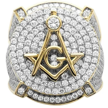 

Vintage Zircon Brass Gold Color Freemason Male Rings Classic Punk Style Masonic Jewelry
