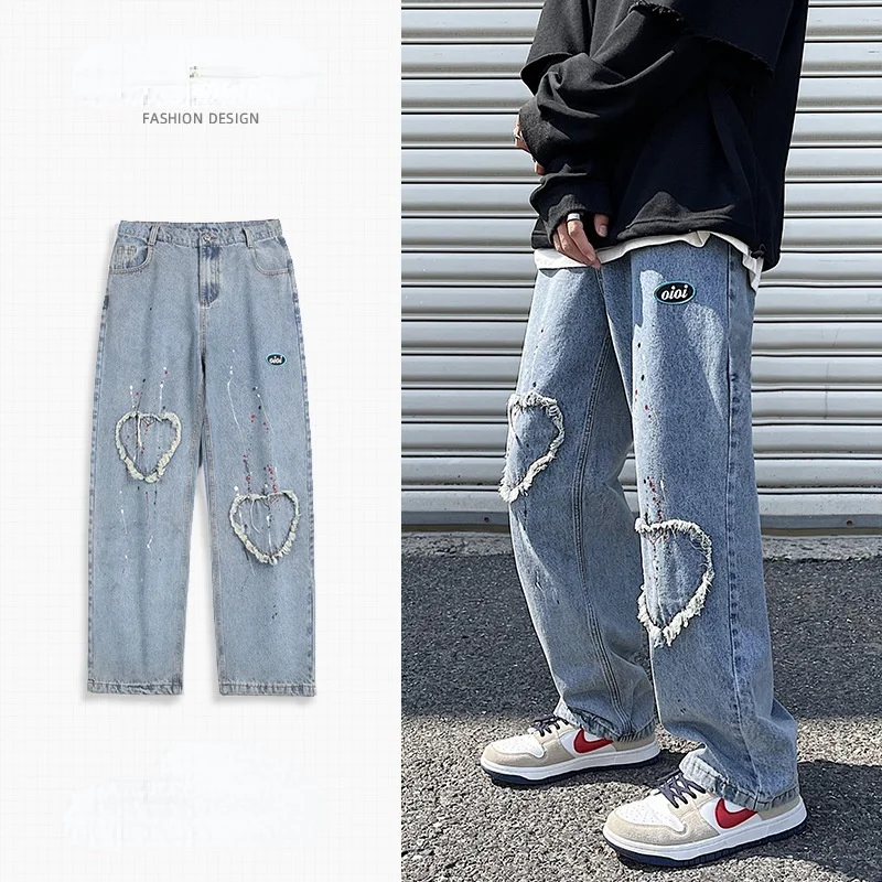 High Street Mens Jeans New Autumn Loose Patch Straight Pants Streetwear Hip Hop Wide Leg Trousers Male Korean Patchwork Clothes 1