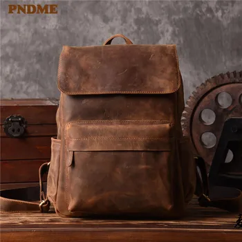 

PNDME simple vintage crazy horse cowhide men's travel backpack casual high-quality luxury genuine leather women's laptop bagpack
