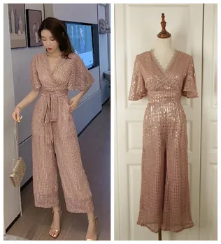 

Autumn V neck Jumpsuits for women Sequin Playsuits Casual Pockets Sashes Jumpsuit Elegant 2019 New Jumpsuit Body Feminino