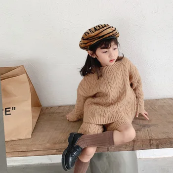 

Girls Twist Knitted Sweater Set Suits Clothing Children's Loose Baby Long Sleeve Pullover Sweater with Five Cent Pants Two-Piece