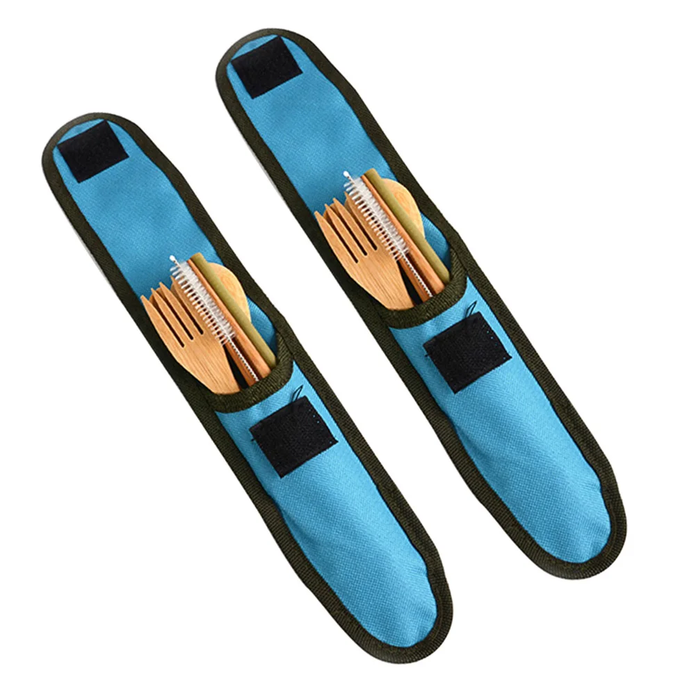 Горячая практичный conveient бамбуковые дорожные столовые приборы набор ножей столовые приборы вилка резак для ложки и палочек соломенная Чистящая Щетка TY - Цвет: Blue 2 Set