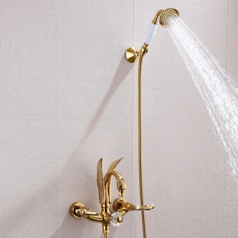 

Gold Swan Brass Bathtub Shower Faucets Set Hot & Cold Bath Shower Mixer Taps With Handheld Wall Mount Dual Handle Unique Design