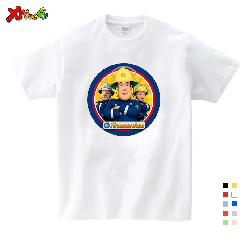 3T-9T Children Fireman Sam Pattern Print T-shirts Boy Short Sleeve T Shirt Girls Tee Tops Kids Summer Cotton White Shirt Clothes