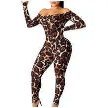 Elegant Women Jumpsuit Fashion Leopard Long Sleeve One-Word Collar Skinny Jumpsuit Overalls Autumn Winter mono de mujer 2020 E