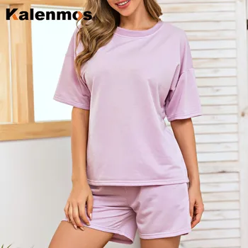

2 Piece Sets Women Homewear KALENMOS Cotton Solid Color Tshirt Biker Shorts Sports Tracksuits Sleepwear Gym Pajamas Lounge Wear