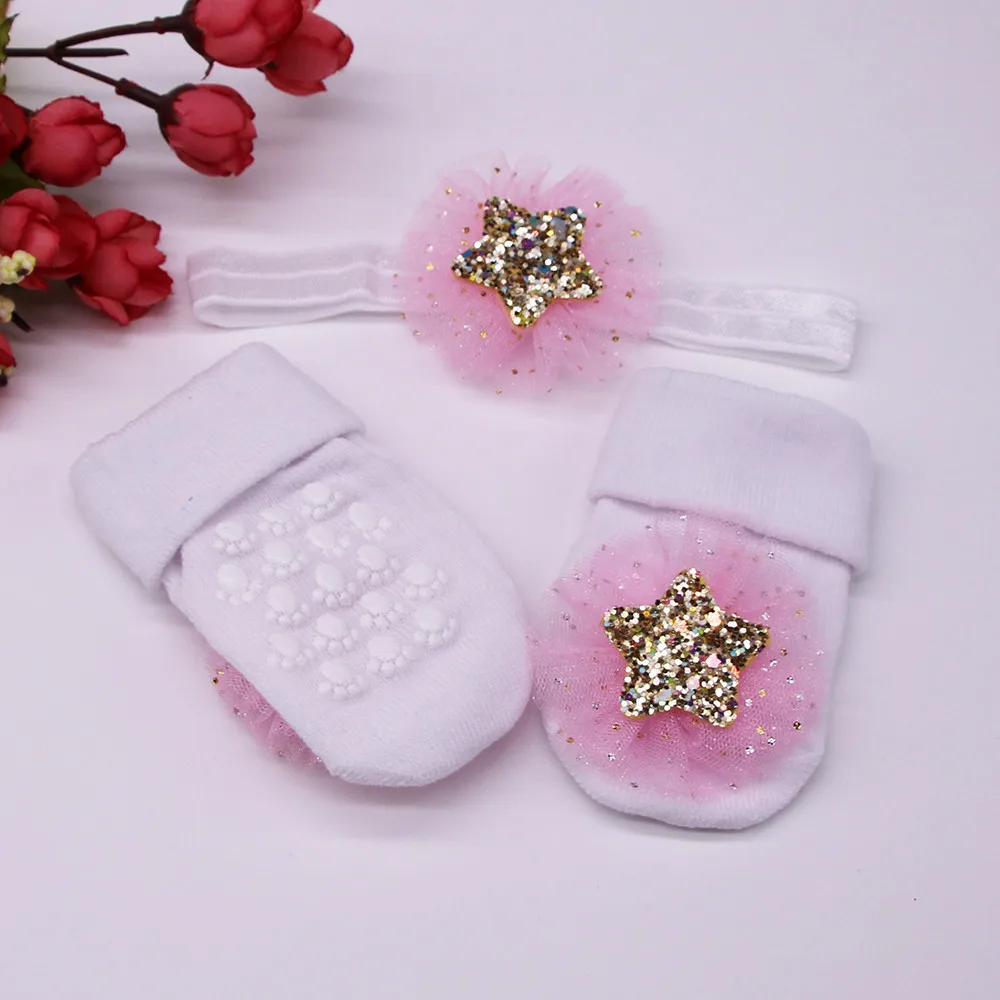 Носки для малышей+ пояс для волос, носки для малышей, детские Нескользящие носки с аппликацией из блесток и лентой для волос, махровые носки, розовые/бежевые/красные/серые