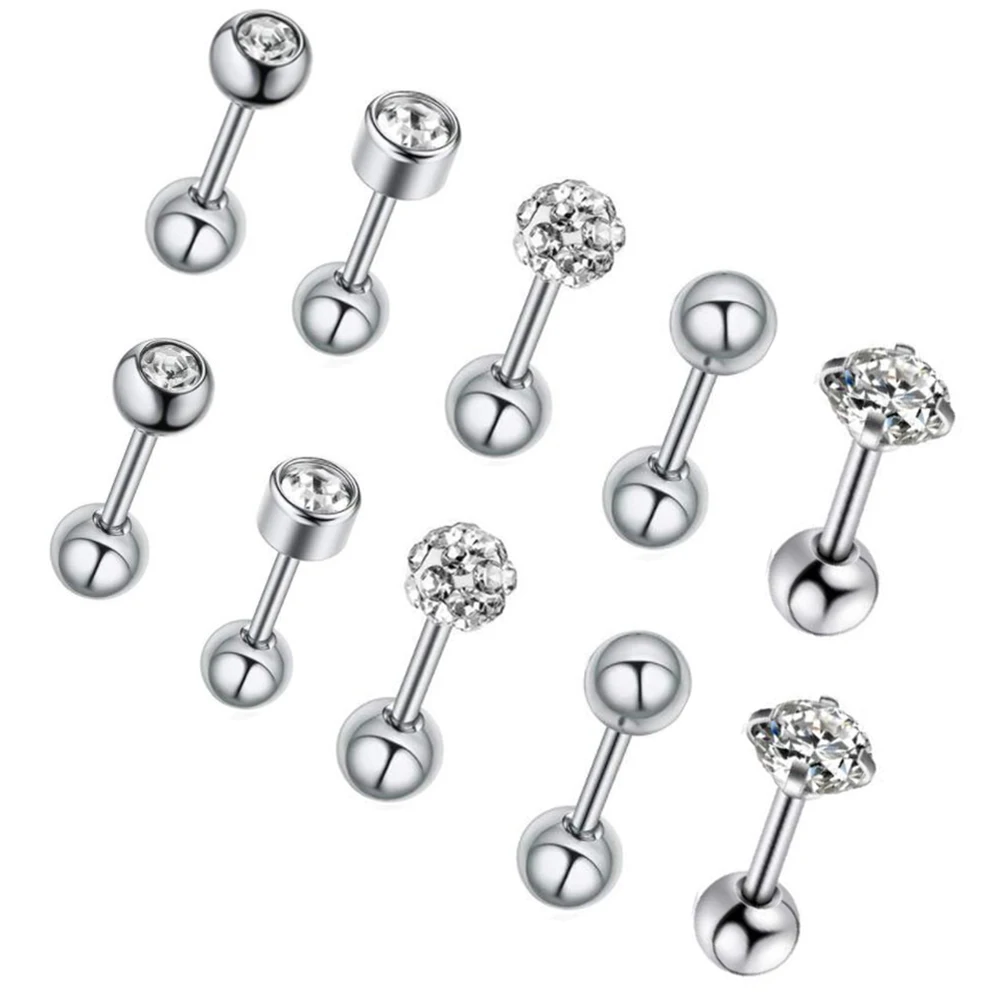 

MIX 5 Style 10 Set Men Small Steel 16G Piercing Cartilage Earring Stud Silver Rose Gold Barbell HelixTragus Lobe Body Jewelry