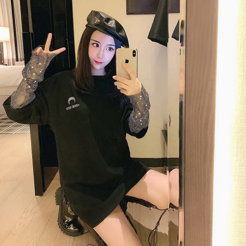 Новинка, женские свободные футболки Ins Boyfriend Wind, стразы, рукава, черная длинная рубашка, женское платье, майка, топы
