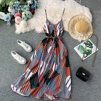 

Fitaylor Summer Women Casual Elegant High Waist V-Neck A-line Maxi Dress Bandage Spaghetti Strap Midi Long Dress Xl Vestidos