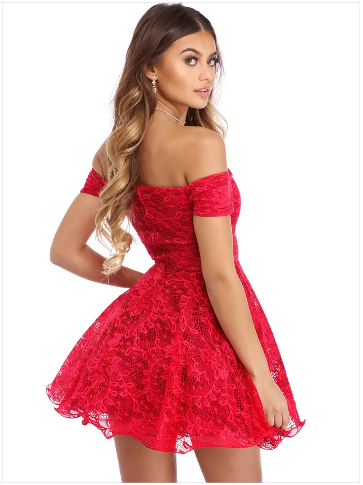 BGW Sexy V Neck Off Shoulder Short Sleeves A Line Lace Mini Cocktail Dresses Zipper Back