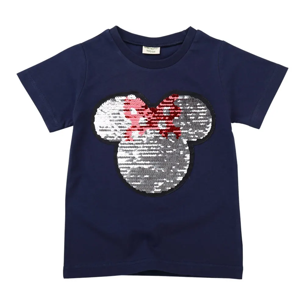Jargazol/рубашки для маленьких девочек Летняя футболка с короткими рукавами с принтом Минни Маус и бантом, с блестками Топ для маленьких мальчиков, детская одежда - Цвет: S30204-black