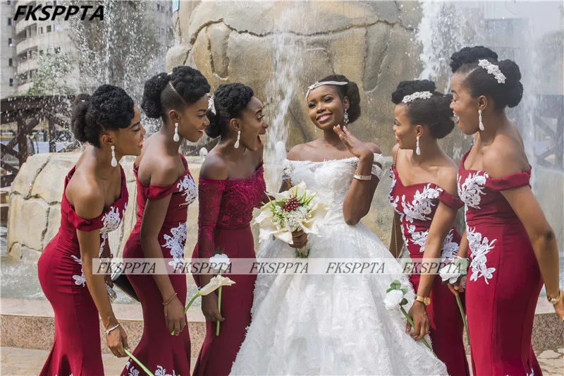 Off The Shoulder Red Mermaid Bridesmaids Dresses Corset White Lace African Maids Of Honor Gowns Plus Size
