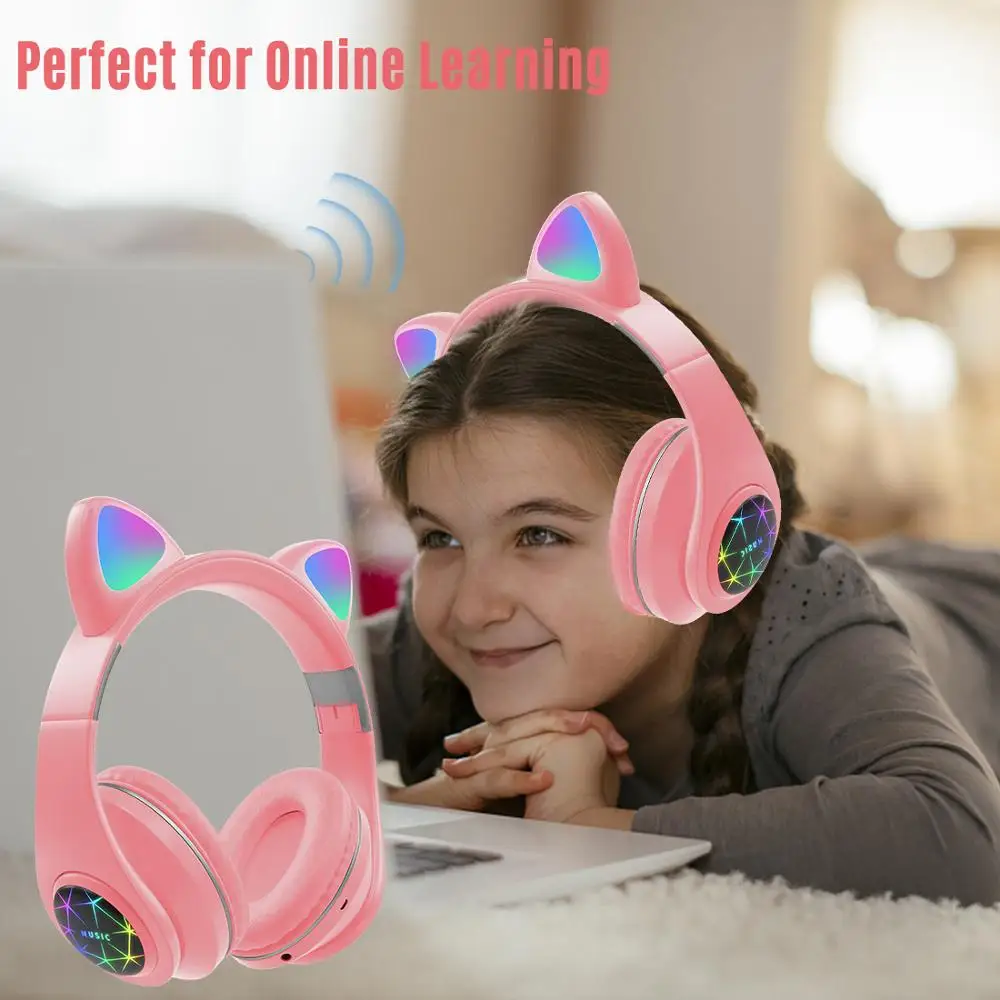 Kids Bluetooth 5 0 Headphone Glowing Cat Ear Bluetooth Headset Music Headsets with MIC for Handsfree Support TF Card AUX Play