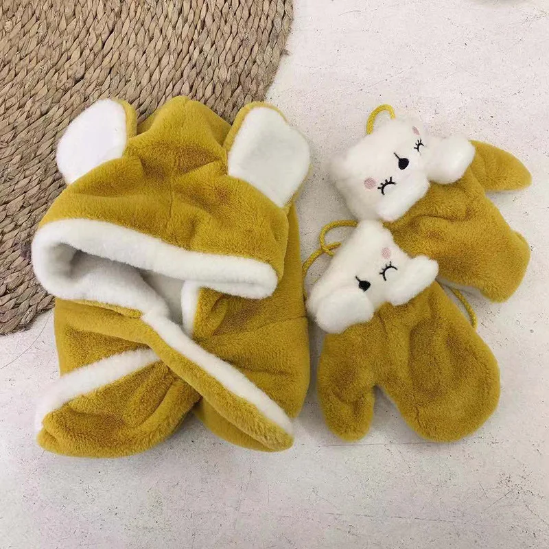 yellow one set OMEA девушки зимние шапки, шарфы перчатки Зимний комплект с персонажами из мультфильмов для мальчиков обувь на платформе из искусственного кроличьего меха; сапоги с рисунком милого медведя; шляпы Шарфы Тедди Зимние перчатки для детей - Цвет: yellow one set