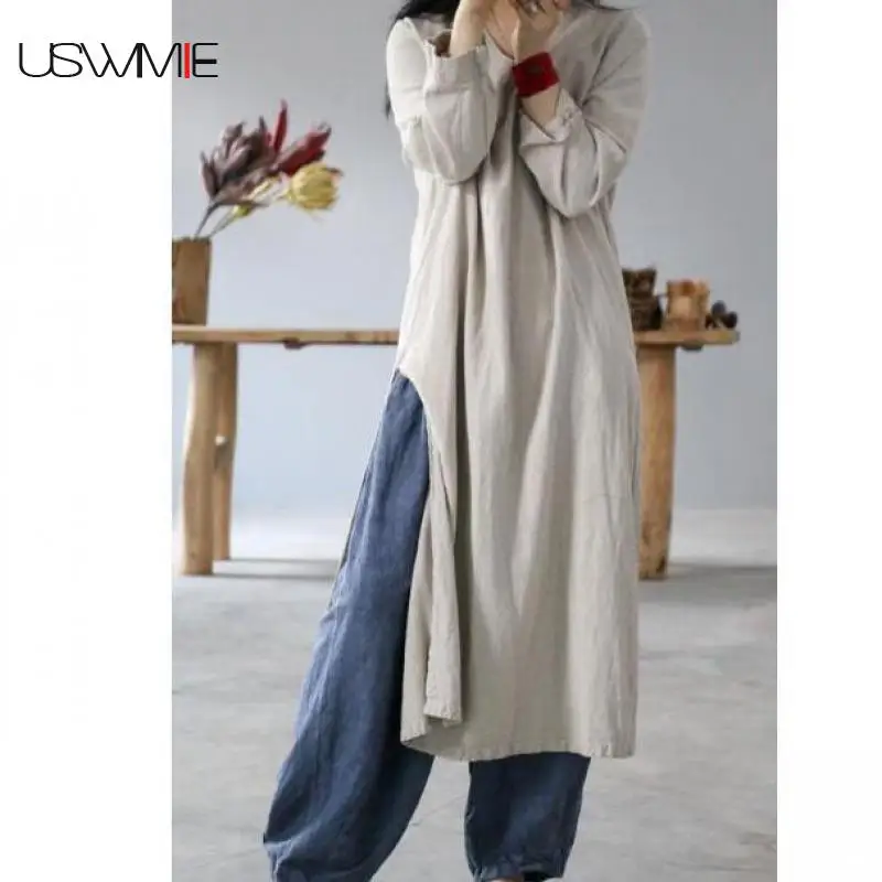 

2019 Autumn Plus Size Dress Retro Simple Long Sleeve V-neck Solid Color Linen Vestidos Long Section Loose Comfort Casual Dress