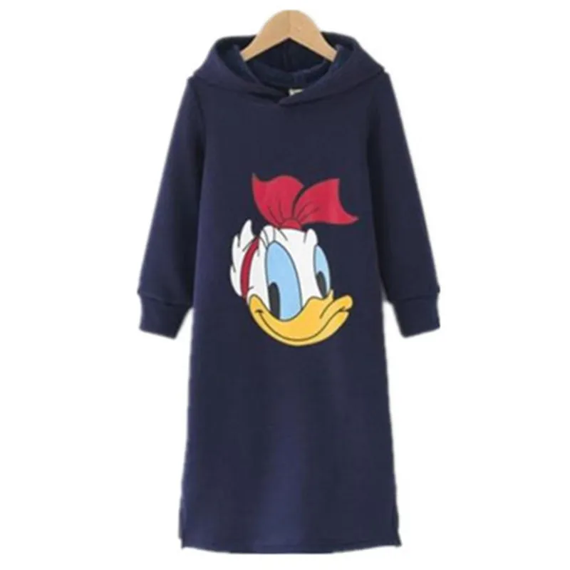 Длинные платья для девочек с изображением Дейзи Дак; пуловер с длинными рукавами и героями мультфильмов; платье с капюшоном для девочек; одежда для детей; платье для девочек с изображением Дейзи Дак