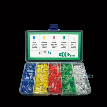 

5 Colour x 100pcs=500Pcs LED Diode Kit 5MM F5 Mix Color 5 Value Yellow Blue White Red Green+ 1 BOX Assortment set pack