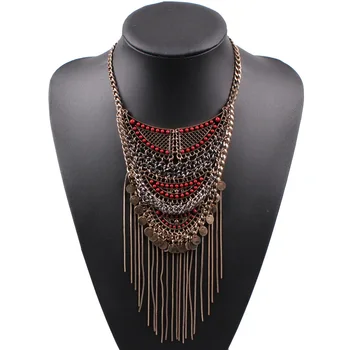 

Newl Fashion Bib Red Bead Statement Necklace for Female Vintage Gold Color Chain Tassel Chunky Pendant for Women Party Jewelry