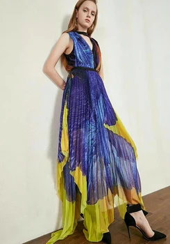 

Rainbow Print Asymmetric Long Dress Women Fashion Summer Casual Pleated Dress