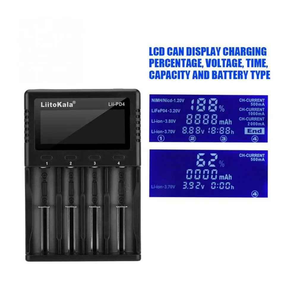 Liitokala Lii-PD4 18650 LCD Display Charger 26650 21700 14500 10440 4 Slots NiMH li-ion Smart Universal Battery Charger