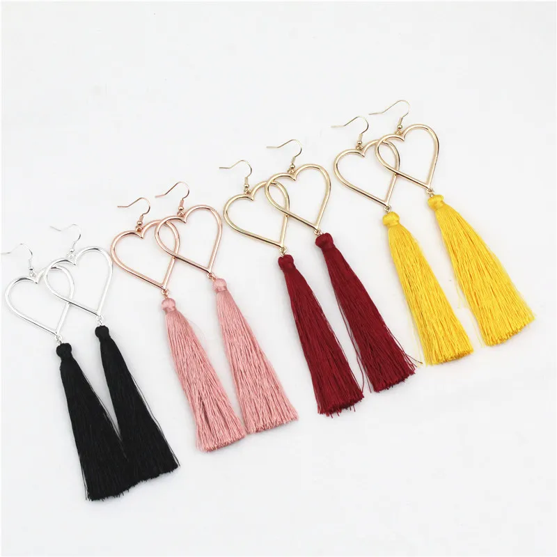 

Heart-shaped tassel earrings are multi-colored and simple