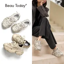 BeauToday Sneakers con plateau donna scarpe pesanti in pelle sintetica punta tonda scarpe da ginnastica da donna alla moda con lacci fatte a mano 29408