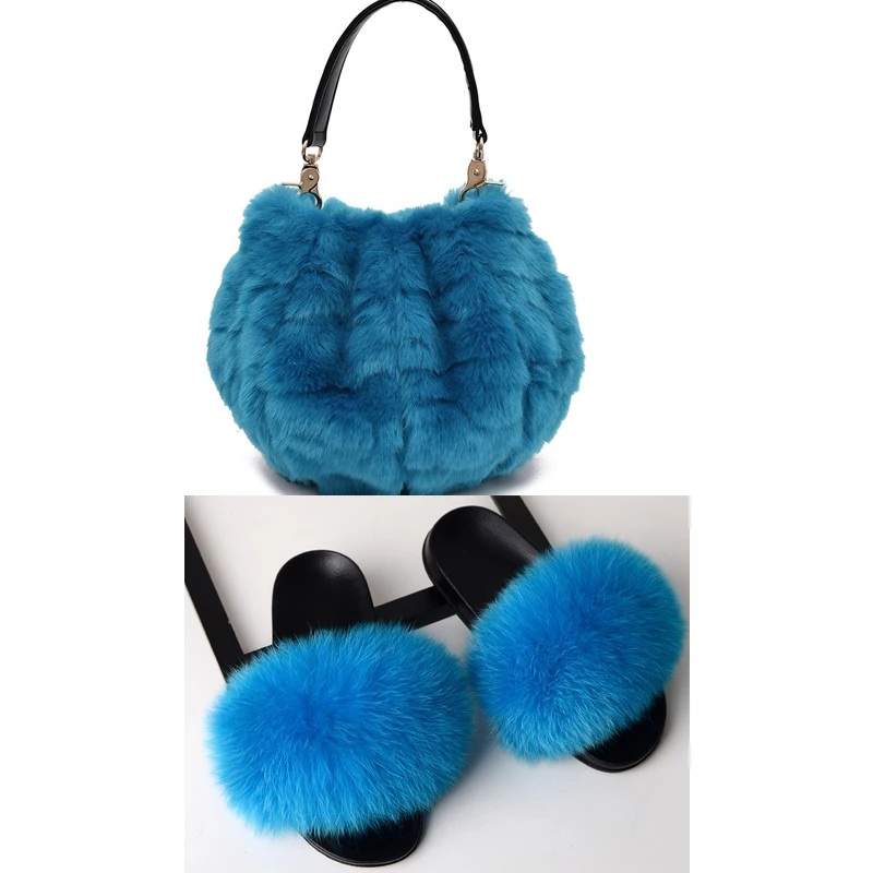 Women's Casual Plush Slippers Bag Set Ladies Pumpkin Cute Furry bag Real Fox Fur Slippers Set Elegant Dating Fluffy Slides Purse