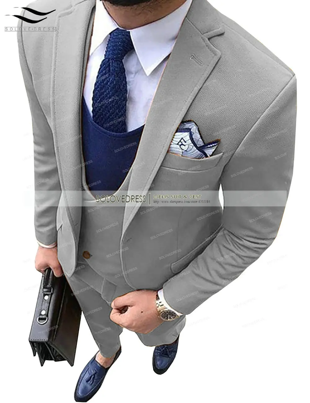 Новые модные мужские твидовые шерстяные костюмы из трех предметов, приталенный деловой смокинг с шалевым отворотом(Блейзер+ жилет+ брюки - Цвет: Silver