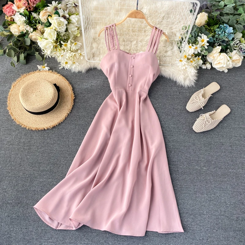 Boho Sexy Spaghetti Strap Dress Summer Midi Long Party Casual Women Beach holiday A-Line Elegant Dresses vestido de festa - Цвет: Розовый