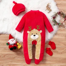 Barboteuse brodée cerf de dessin animé pour bébé de 0 à 18 mois, combinaisons à manches longues et chapeau, 2 pièces, vêtements d'hiver pour bébé de 0 à 18 mois, offre spéciale 