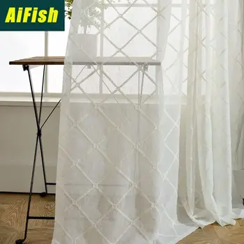 

White Mesh Bottom Diamond Embroidered Window Screen Curtains Bay Window Living Room Bedroom Balcony Suitable Cortinas WP054T3