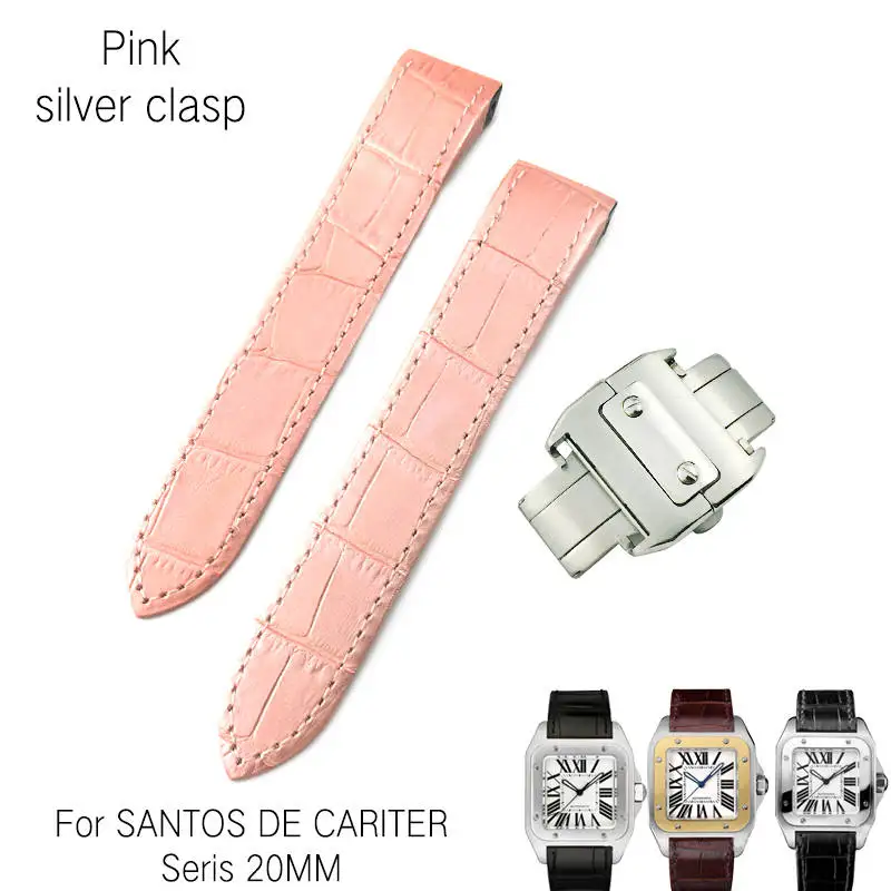 20 мм 23 мм высококачественный кожаный ремешок для часов с древней текстурой итальянский ремешок для часов из воловьей кожи Подходит для часов Santos DE Cartier - Цвет ремешка: pink silver