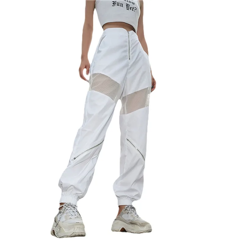 

Women Mesh Patchwork Trousers Spring Autumn Casual Style High Waist Pants with Pockets Streetwear