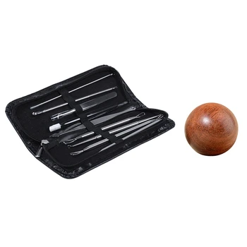 

9Pcs Stainless Steel Acne Extractor Removing Tool Blackhead Pimple Needle Kit & 1 Pcs 5cm Wooden Stress Baoding Ball