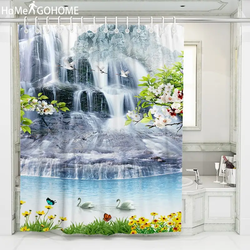 

Flower Waterproof Shower Curtain 3D Waterfall Polyester Fabric Bath Curtain Bathroom Shower Curtains with Hooks for Home Bathtub