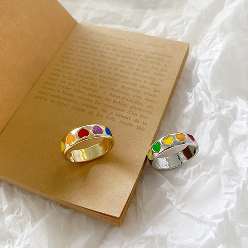 Bohemian Vintage Colorful Heart Shaped Open Ring Cute Simple Design Gold Silver Color Ring For Women Punk Party Jewelry Gift
