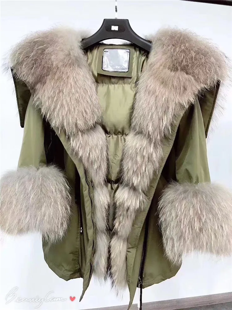 Natural Raccoon fur Зимняя женская куртка с натуральным мехом, большая длинная парка с воротником из натурального меха енота, куртка на белом утином пуху, уличная одежда, корейская мода - Цвет: Natural Raccoon fur