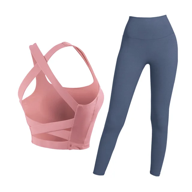 sexy tights leggings set sport yoga pants fitness crop top gym bra high wist Quick dry gym clothing two piece set woman 2020 Rose Navy set