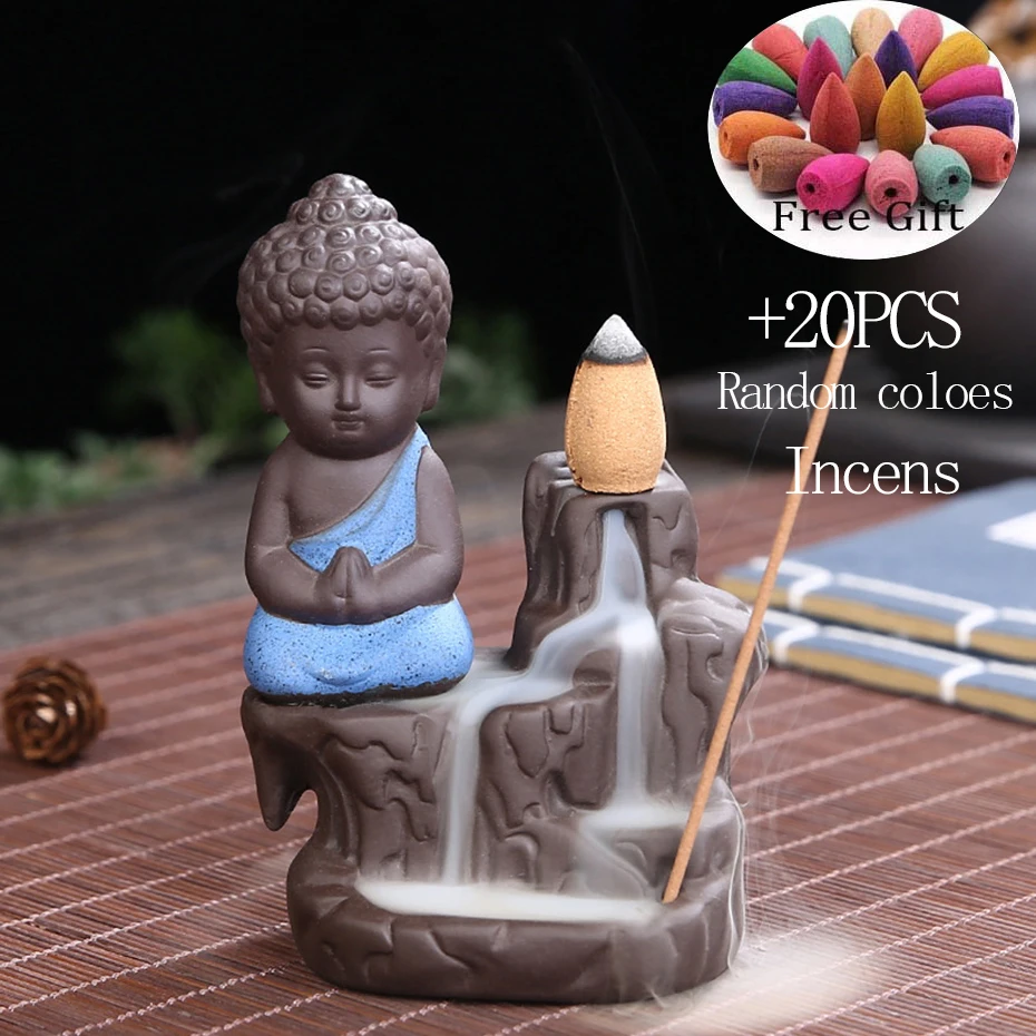 

With 20Cones The Little Monk Censer Creative Home Decor Small Buddha Backflow Incense Burner Use In Home Office Teahouse