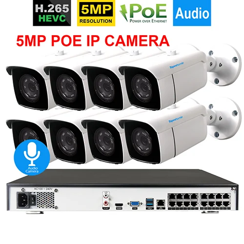 TOPROHOMIE H.265+ 16CH POE система NVR 48V 5MP 2592X1944 аудио запись Водонепроницаемая камера комплект 16CH камеры видеонаблюдения - Цвет: 16CH NVR x 8 Camera