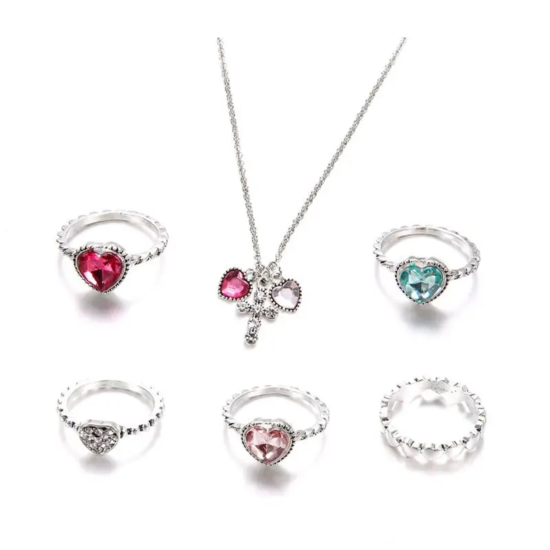 6 шт. богемное Ретро цветное сердце Кристалл Камень Серебряное кольцо крест кулон