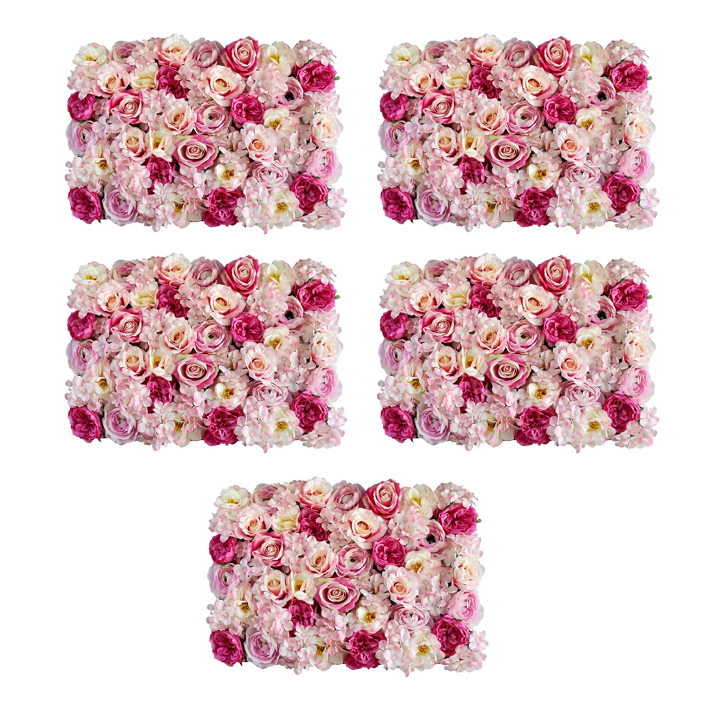 

5Pcs Artificial Silk Flower Wall Panel Mat for Main Pillar Road Stage Backdrop Wedding Venue Decor Rose Pink