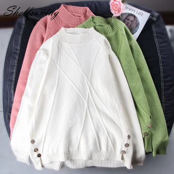 

Shellsuning Stripe Button Warm Women Sweater Autumn Winter Chic Knit Oversized Casual Irregular Pullover Crewneck Jumper Pull