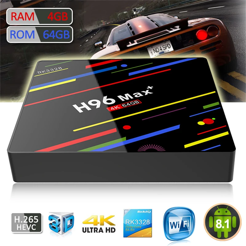 H96 MAX Plus Android 8,1 ТВ-бокс на Rockchip RK3328 4 ядра Оперативная память 4 Гб Встроенная память 32 GB/64 GB 2,4/Wi-Fi 5 ГГц Wi-Fi 100M LAN H.265 4K Google Play